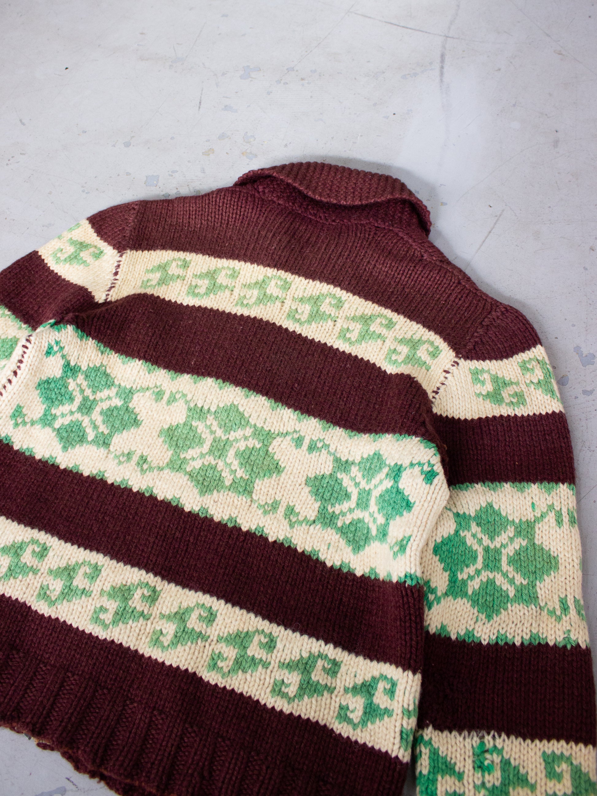 1970's Green & Brown Cowichan Style Wool Knit Sweater with Lion